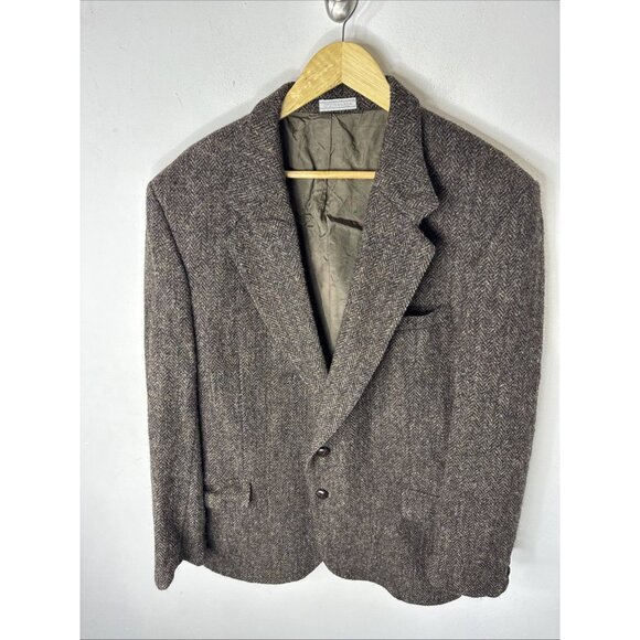 Vintage Harris Tweed Handwoven Wool Herringbone Blazer Brown Men 44R - Picture 1 of 9